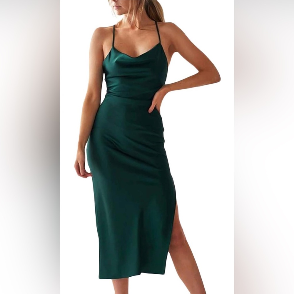 Women's Green Sleeveless Spaghetti Strap Satin Dress with Cowl Neck Size XS